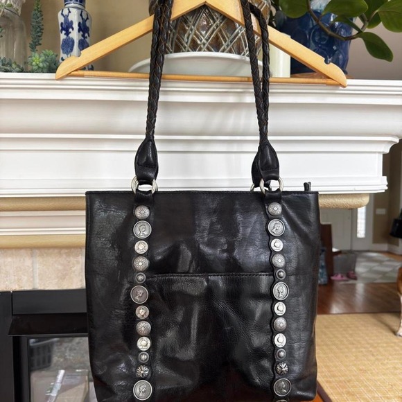 Patricia Nash Handbags - Patricia Nash Renaissance black leather tote silver tone coins braided strap